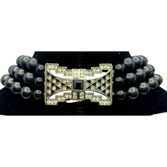 Vintage Givenchy Faux Pearl Black Bead Rhinestone Necklace Art Deco Style Clasp - Picture 6 of 10